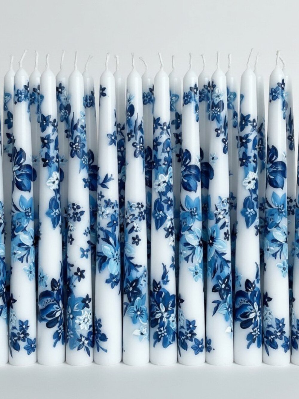 Blue Chinoiserie Floral Hand-Painted Taper Candles Pair NIB